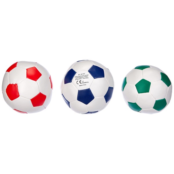 Lena 62163 Soft Footballs, Set of 3, Sports Soft Balls, White with Blue, Green or Red, 3 Soft Balls 10 cm Each for Indoor and Outdoor Use, Soft Sports Balls, Play Balls for Children from 12 m