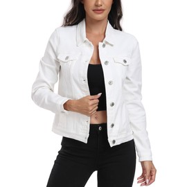 J.Corrine Women's Stretchy Denim Jacket Long Sleeve Vintage Basic Trendy Button Up Trucker Jean Jackets Dark White L