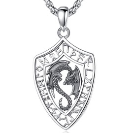 INFUSEU Norse Runes Viking Gifts Dragon Necklace for Women Men Shield Protection Jewelry Sterling Silver Pendant Talisman Amulet Stainless Steel Chain 20 Inch
