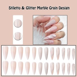 ANDGING Pink Stiletto Press on Nails Long Fake Nails Fake Nails for Women with Glitter Marble Grain Design Cute Gel False Nails Reusable Full Cover stick on nail for Wedding Birthday 24Pcs