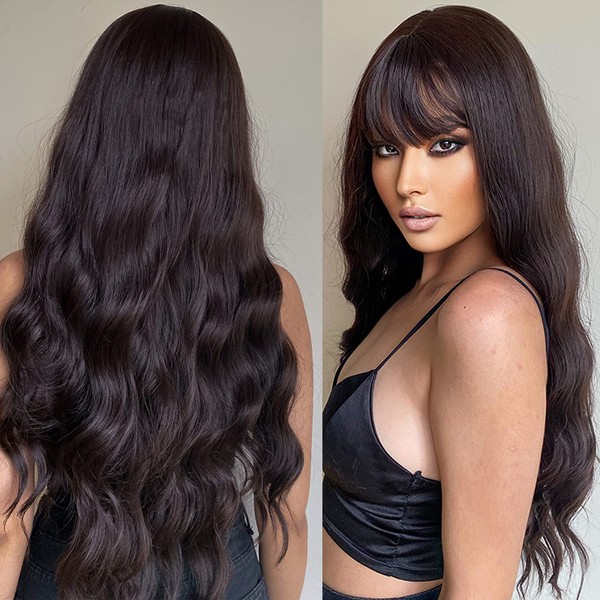 Longbest Long Wavy Wig Heat Resistant Synthetic Hair Wig Light Brown 28 Inch Lace Front Wig Long Wig with Bangs Light Brown Wig + Wig Cap)