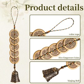Feng Shui Decor, Chinese Feng Shui Bells, Five Emperor Copper Coins, Hanging Decoration Pendant Bells for Car, Home, Door and Bag, Symbol Good Luck, Wealth, Healthy and Success
