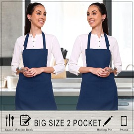 GLUN® Kitchen Cooking Aprons, Solid Blue Color Adjustable Bib, Chef Apron with 2 Pockets, Long Ties, Long Blue Neck Strap for Men & Women Unisex Aprons Pack of 2