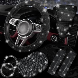 NBTEPEM 8 pcs Bling Car Accessories Set for Women, Bling Rhinestone Diamond Steering Wheel Cover, Sparkly Seat Belt Covers, Bling Gear Shift Cover, Universal Fit Most Cars (Black Diamond)