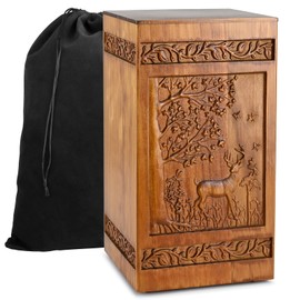 Wooden Cremation Urns for Human Ashes Adult Male Female - Handcarved Deer Wood Urn Boxe with Velvet Bag, 250 lbs Large Capacity Decorative Burial Funeral Memorial Urn