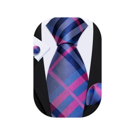 Barry.Wang Plaid Ties Check Mens Necktie Set with Handkerchief Cufflinks Classic Stripe Grey Pink