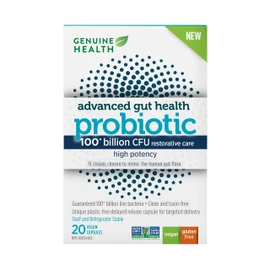 Genuine Health Advanced Gut Health Extra-Strength Probiotic, 20 count, 100 Billion CFU, Natural daily gut reset and digestive support, 15 diverse and balanced strains per capsule, Dairy, soy & gluten-Free, Non-GMO, Vegan