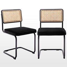 Zesthouse Dining Chairs 2pcs, Velvet Side Chairs Rattan Chairs with Cane Back & Stainless Chrome Base, Modern Mid Century Breuer Designed Chairs, Upholstered Dining Living Room Kitchen Chairs, Black