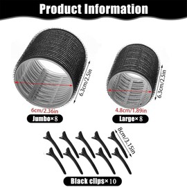 Hair Curlers 26Pcs Set with 16Pcs Rollers 2 Sizes and 10 Pcs Hair Clips for Long Medium Short Thick Hair, Black