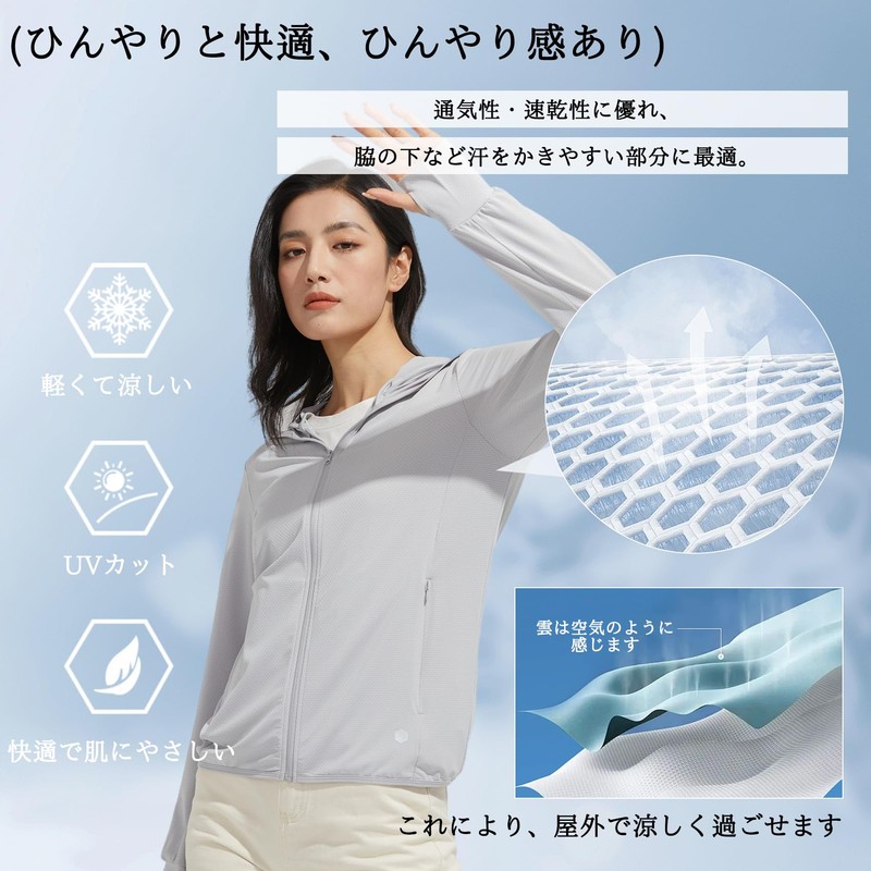 [KANGNAN] UVカット ラッシュガード レディース 長袖 パーカー 着脱可能なつば 紫外線対策 UPF50＋ 指穴付き