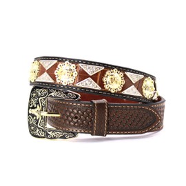 West Star Texas Western Leather Belt Gold Berry with Triangular Silver Concho Decoration 2601D PRAYER CF WEAVE M