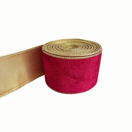 QIANF Christmas Velvet Wired Edge Ribbon, 2.5 Inch x 10 Yards Roll, Gold Glitter Edge Craft Ribbon for Christmas Wreaths DIY Gift Wrapping Bow Decoration, Red