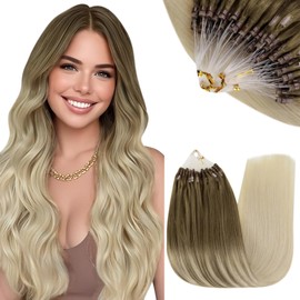 RUNATURE Real Hair Micro Ring Extensions Brown Ombre Blonde 45 cm Straight Hair Extensions Balayage 50 Strands #BA8/60