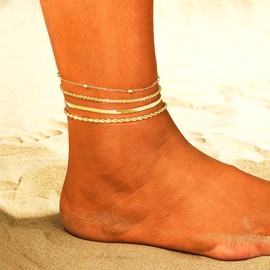Rotnso Anklets for Women 14K Real Gold Plated Adjustable Anklet Bracelets for Women Set Waterproof Layered Chain Link Foot Ankle Bracelets Stack Non Tarnish Summer Beach Jewelry Gift for Her