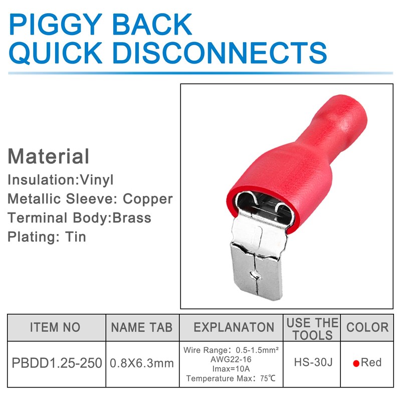 Heschen Piggyback Spade Crimp Terminal Connector 0.5-1.5mm², 22-16 AWG, Red,