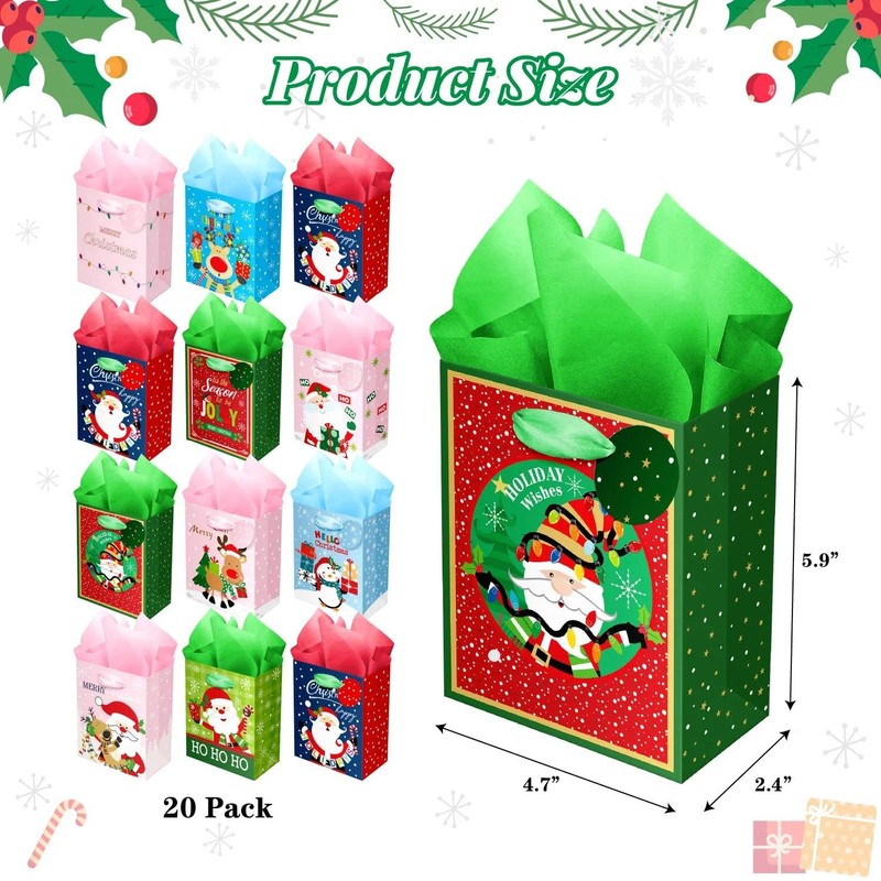 Small Christmas Gift Bags Bulk, 20 Holiday Party Favor Bags