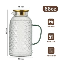 Buaic Glass Pitcher with Lid, 2 PACK 68 oz/2 Liter Vintage Water Pitcher, Clear Borosilicate Glass Water Carafe for Cold Brew, Coffee, Lemonade, Iced Sun Tea,Beverage, Milk, Heat Resistant