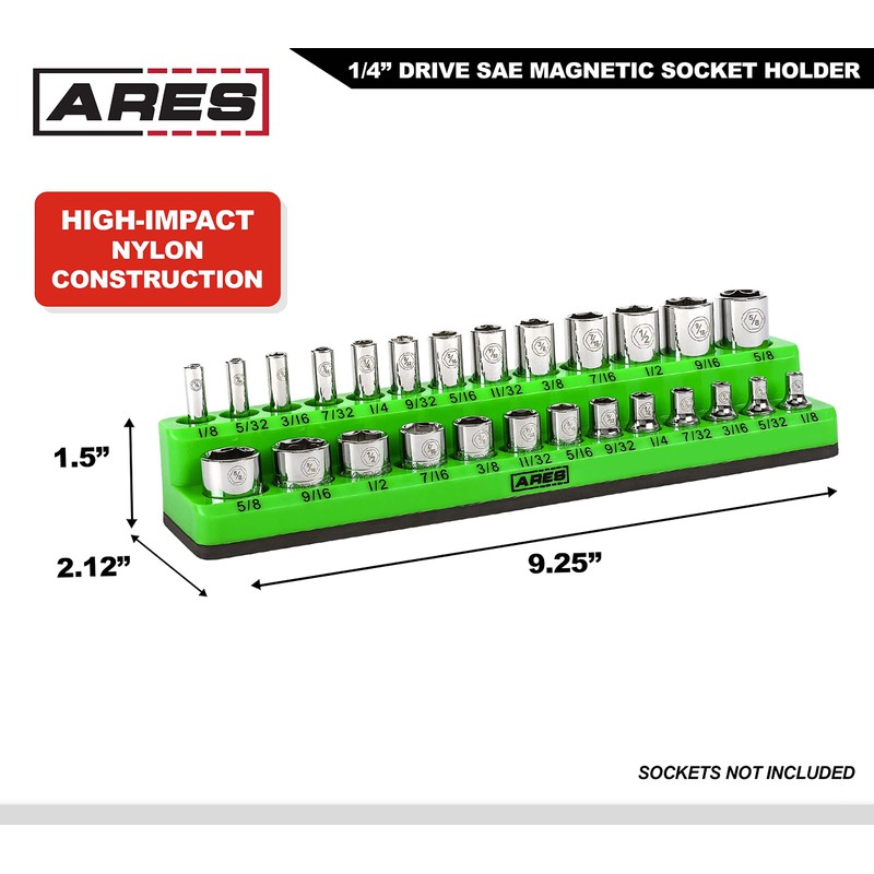 ARES 60005-26-Piece 1/4 in SAE Magnetic Socket Organizer -GREEN -Holds