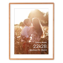 Acovy 22x28 Poster Frame, Natural Solid Cherry Wood 22 x 28 Frame, Rounded Corner 22"x28" Large Picture Frame HD Tempered Glass, 22 by 28 Photo Frame Matted to 18x24, 22x28 Wood Frame for Wall, 1 Pack