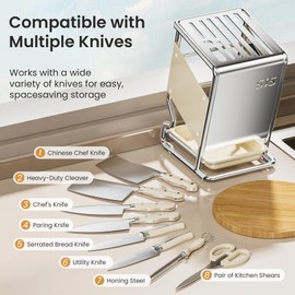 Knife Block Holder without Knives, Universal Kitchen Storage Stand, Safe Space Saver Large Volume Stable Knife Storage With a drip tray at the base Detachable for Easy Cleaning - White