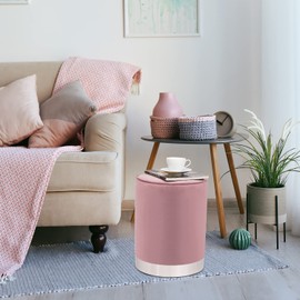 Adeco Round Upholstered Velvet Ottoman with Silver Metal Base, Makeup Vanity Chair Soft Compact Padded Foot Rest Stool for Living Room Bedroom, Pink