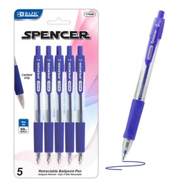 BAZIC PRODUCTS Ballpoint Pen Spencer Blue Retractable Pen Soft Barrel Grip Pens, 1.0 mm Bold Point Smooth Writing, for Office School Teacher (5/Pack), 1-Pack
