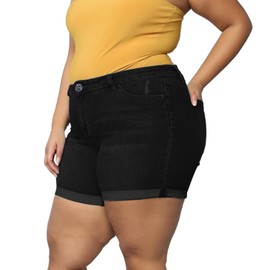 Sghenr Plus Size Women's Ripped Denim Jean Shorts High Waisted Stretchy Folded Hem Short Jeans(SolidBlack,20W)