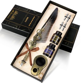 MPRINCE Feather Pen ink Set,Calligraphy Pen Set,Includes Quill Pen,2 Bottles of Color ink,2 in one Holder,4 Stainless Steel Nibs,Black Gift Box-Grey