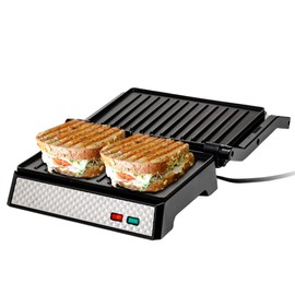 OVENTE Electric Indoor Panini Press Grill and Sandwich Maker with Non-Stick Coated Plates, Cool-Touch Handle and Removable Drip Tray, Opens 180 Degrees to Fit Any Type or Size of Food, Silver GP0540BR