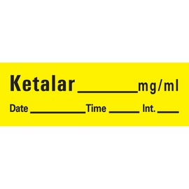 PDC AN-59 Anesthesia Removable Tape with Date, Time & Initial, Ketalar Mg/Ml, 1/2" Width, 500" Length, 333 Imprints, Yellow