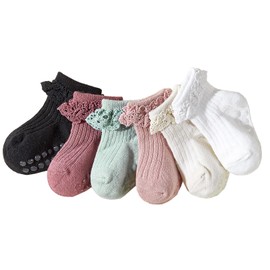Meeshine Baby Toddler Girls Anti Slip Ruffle Socks with Grips Newborn Infant Cotton Non Skid Frilly Dress Socks 6 Packs, 1-2T