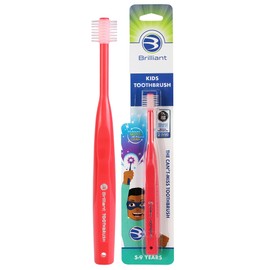 Brilliant Oral Care Kids Toothbrush with Soft Bristles and Round Head, for a Child Approved, Easy to Use All-Around Clean Mouth, Ages 5-9 Years, Red, 1 Pack | Brilliant