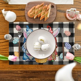 Artoid Mode Buffalo Plaid Bunny Gnomes Eggs Easter Placemats for Dining Table, 12 x 18 Inch Spring Seasonal Holiday Decoration Rustic Vintage Washable Table Mats Set of 4