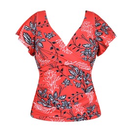 Hilor Womens Swimsuits 2025 Tummy Control Swimwear Top Only Front Twist Bathing Suit Short Sleeve Tankini Tops Red&White Floral 18