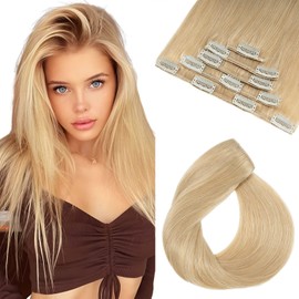 Elailite Clip-In Real Human Hair Extensions - Clip-In Hair Extensions - 12 Clips Clip-In Extensions Real Hair Blonde - Straight - 18 Inches (45 cm 70 g) #24 Natural Blonde