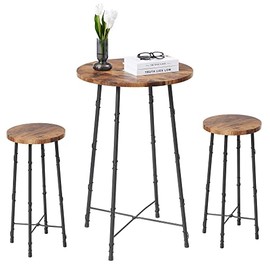 VECELO 3 Piece Round Pub Dining Set, High Top Bar Table and Stools for 2, Bistro Dinette with/Chairs for Small Space, Easy Assembly, Rustic Brown
