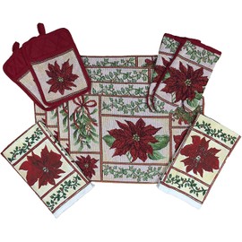 Set of 10, Red Poinsettia Flower Christmas Design Tapestry Kitchen Towel Set, Include 4 Placemats, 2 Kitchen Towels, 2 Pot Holder & 2 Oven mitt.
