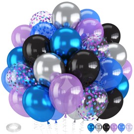Froova Black Blue and Purple Balloons, 12 Inch Metallic Blue Purple Black and Silver Confetti Balloons for Kids Boys Outer Space Astronaut Birthday Baby Shower Video Game Party Decorations