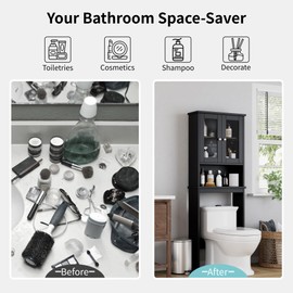 Shintenchi Over The Toilet Storage Cabinet, Bathroom Shelf Organizer with Anti-Tip Device Small Freestanding Space Saver with Adjustable Shelf and Glass Door, Black