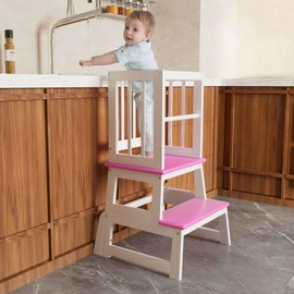 Kids Kitchen Step Stool, Toddler Montessori Learning Standing Tower, Ideal Toddler Kitchen Stool Helper for Bathroom Sink or Kitchen Counter - 2025 Design with 3 Exclusive Upgrades - White+Pink