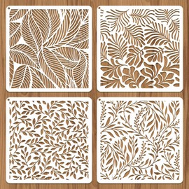 JSRQT Pack of 4 Large Leaf Pattern Layering Stencils for Painting, Leaf Decoration Drawing Painting Stencils 30 x 30 cm, Reusable Plastic Stencils Templates for Canvas Wood Glass Furniture Floor