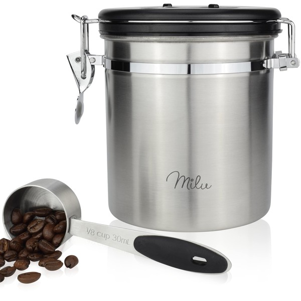 Milu Airtight Coffee Canister, 500 g, 700 g, Coffee Bean Container, Stainless Steel Storage Jars, Vacuum Coffee Box with Coffee Spoon (Stainless Steel, 500 g)