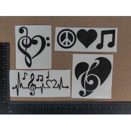Music Decals 4 Pack: Treble Bass Clef Heart, Music Heartbeat, Peace Love Music (Black, Small ~3.5")