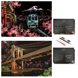 PAITUEND Scratch Rainbow Painting Art Paper,Scratch Art Crafts Set for Adults&Kids,Scratch Painting DIY Creative Gift with 4 Tools,16''x11''(Mt. Fuji&Brooklyn Bridge)
