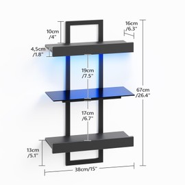 MAHANCRIS Led Gaming Floating Shelves Set of 2, 3-Tier Wall Mounted Shelf, Hanging Display Rack with Laser Pattern, E-Sports Decor Shelf with Glass for Gaming Room, Bathroom, Black FSHS90K01S2
