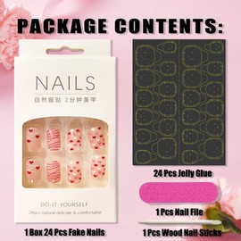 Valentines Heart Nails Press on Nails Short Square Valentines Fake Nails 24 Pcs Valentines Day Nails Red Heart Line Design Valentines Nails Full Cover False Nails for Women Girls DIY Manicure