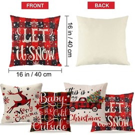 Hodofice Christmas Cushion Cover Set of 4 Christma Decoration Throws Pillows Cases for Sofa Couches Living Room Xmas Decor Winter Xmas Cushions Covers 16 x 16 inch Christmas Red Design Linen Gift