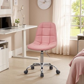 VECELO Armless Office Chair - Modern PU Leather Desk Chair with Adjustable Height, Swivel Rolling Task Chair with Padded Seat for Home Office, Vanity, Study Room - Pink