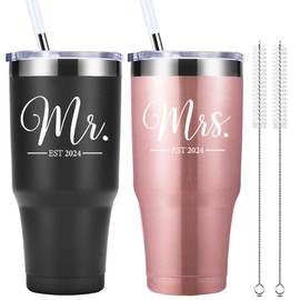 momocici Mr and Mrs Est 2024 30 OZ Tumbler.Engagement Wedding Wife Husband Bride Groom Couple Gifts.Newlyweds Anniversary Bride To Be Newly Engaged Bridal Shower Gifts.(Black&Rose Gold)