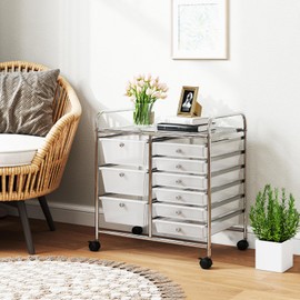 SILKYDRY 9 Drawer Rolling Storage Cart, Craft Art Drawer Organizer for Supplies Tool Paper, Mobile Utility Cart on Wheels for Classroom Teacher Office Home School (Clear)